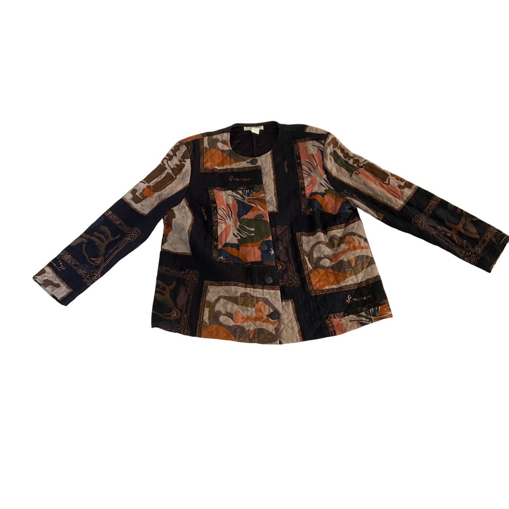 Kensington Square Quilted Jacket Women 1X Black Multicolor Art to Wear Vintage
